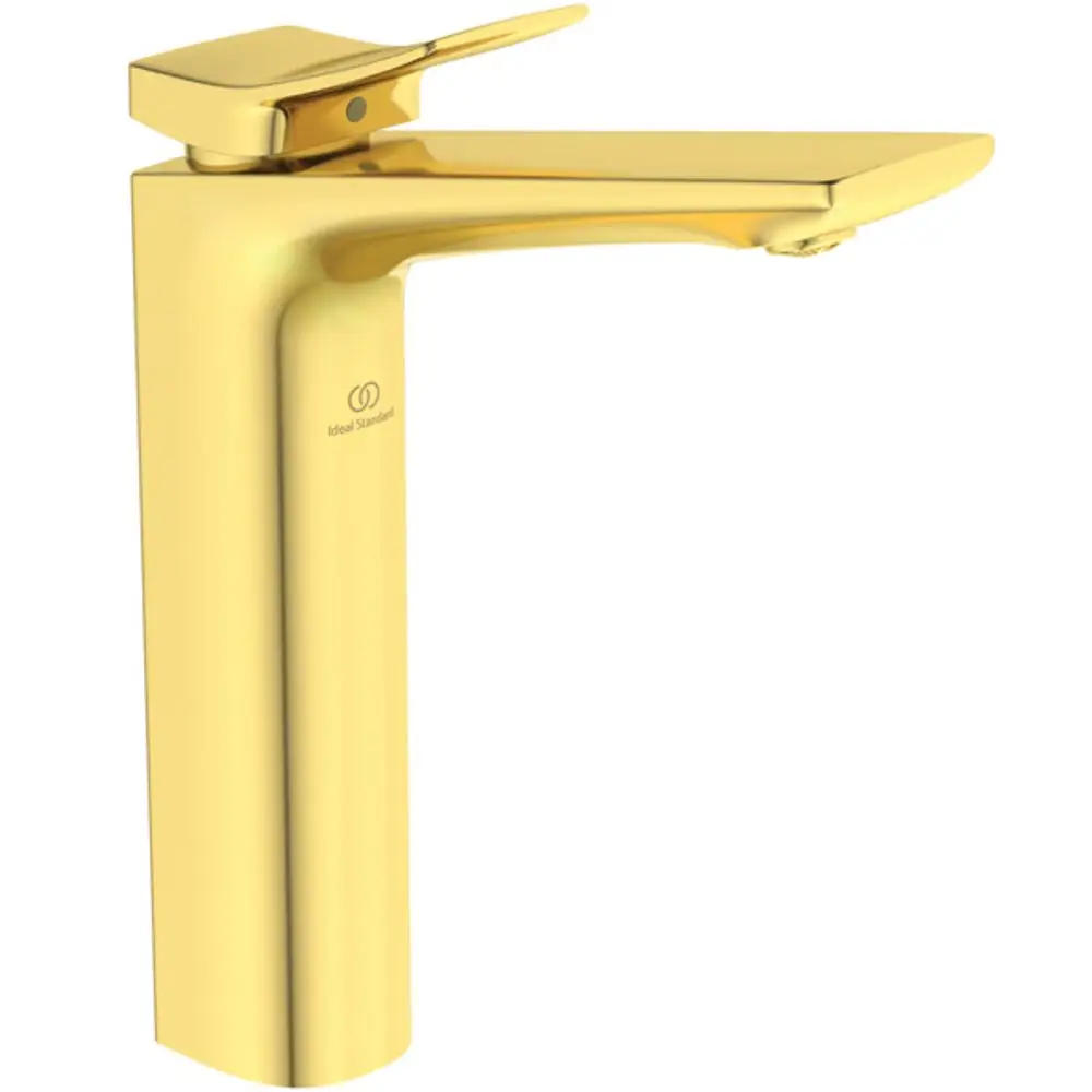 Ein goldfarbener Wasserhahn von Ideal Standard mit einem flachen Auslauf und einem Hebel zur Steuerung des Wasserflusses.